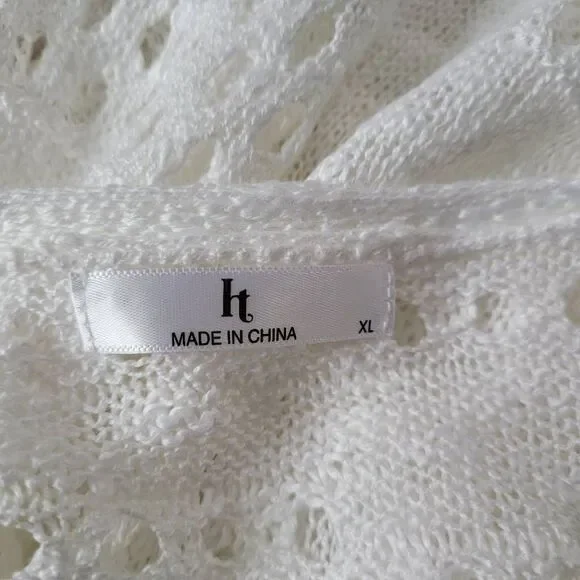 White open knit longer length cardigan open front boho minimalist beachy neutral - Picture 7 of 7